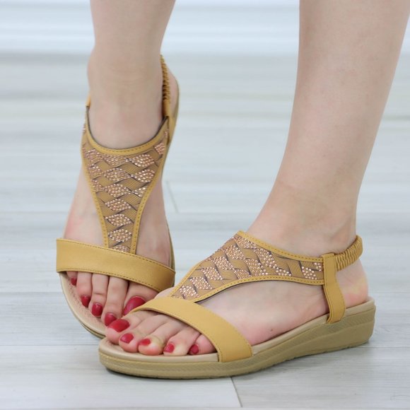 Shoes - Tan T-Strap Gladiator Comfort Sandal Slip On Sliders